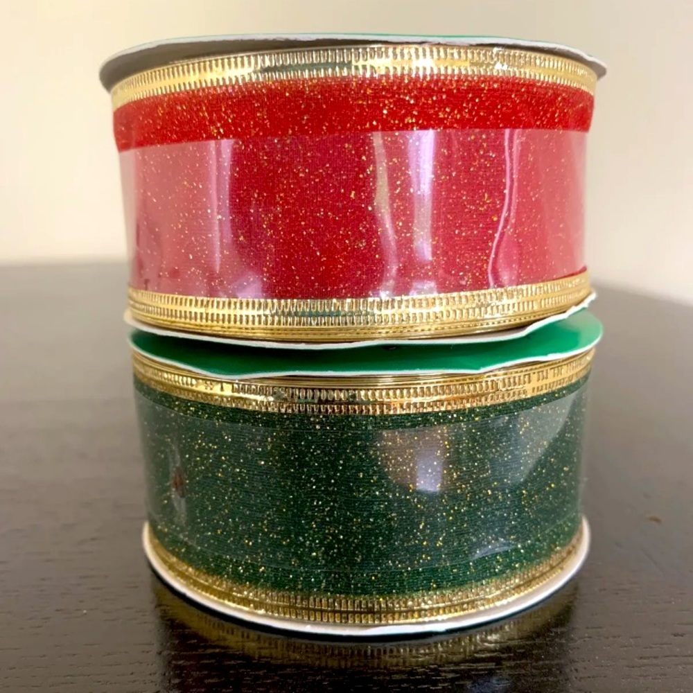 Lot 2 Christmas Ribbon Green Red Gold Glitter Wire Edge Ribbon 1.5 x 6 yard Each